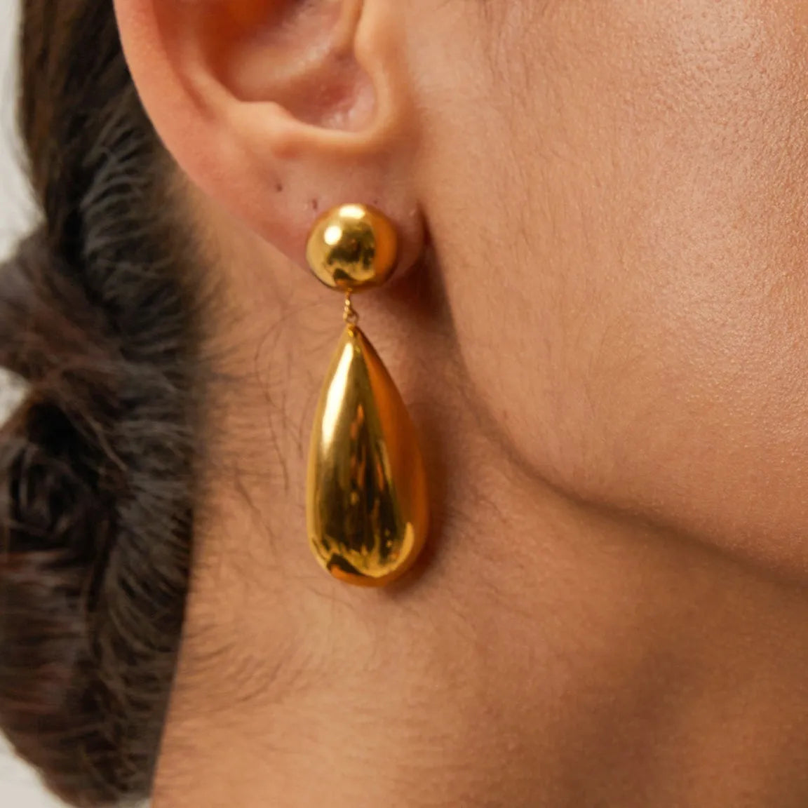 Gold stainless steel water drop earrings with geometric hemisphere pendants for women