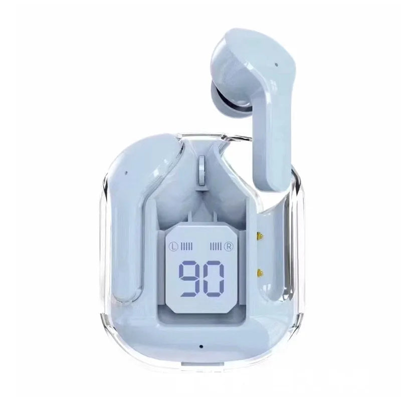 Transparent case true wireless Bluetooth earphones showing digital display with black, white, blue, green, and peach colour options