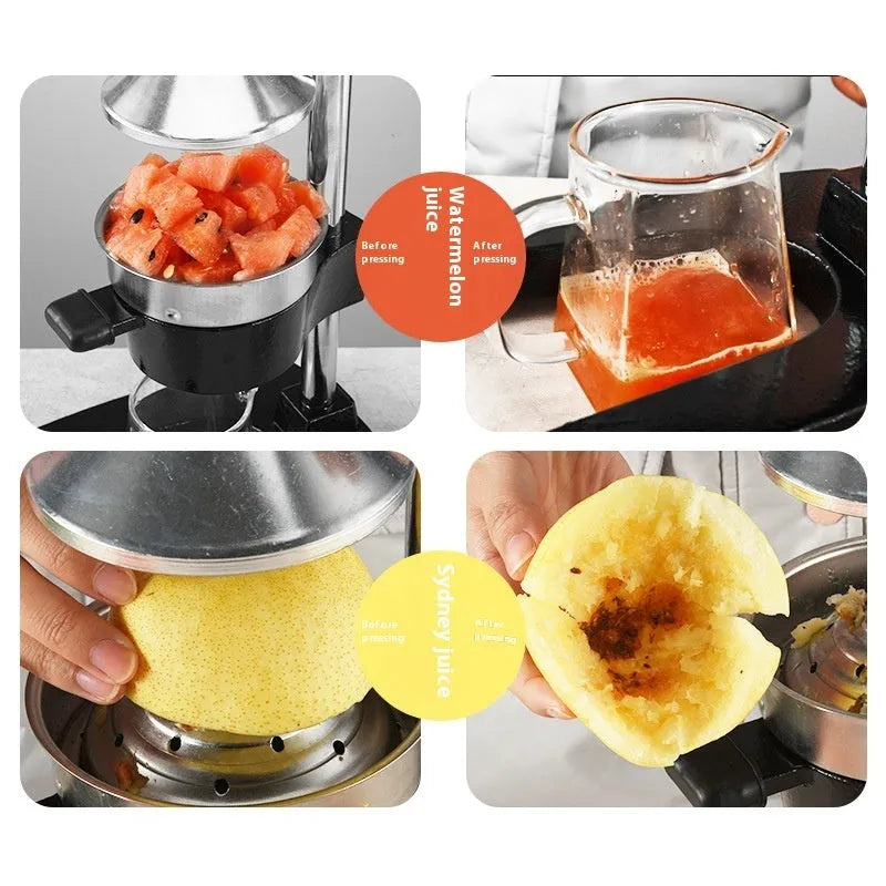 Black cast iron manual citrus juicer with stainless steel cone on a white background.
