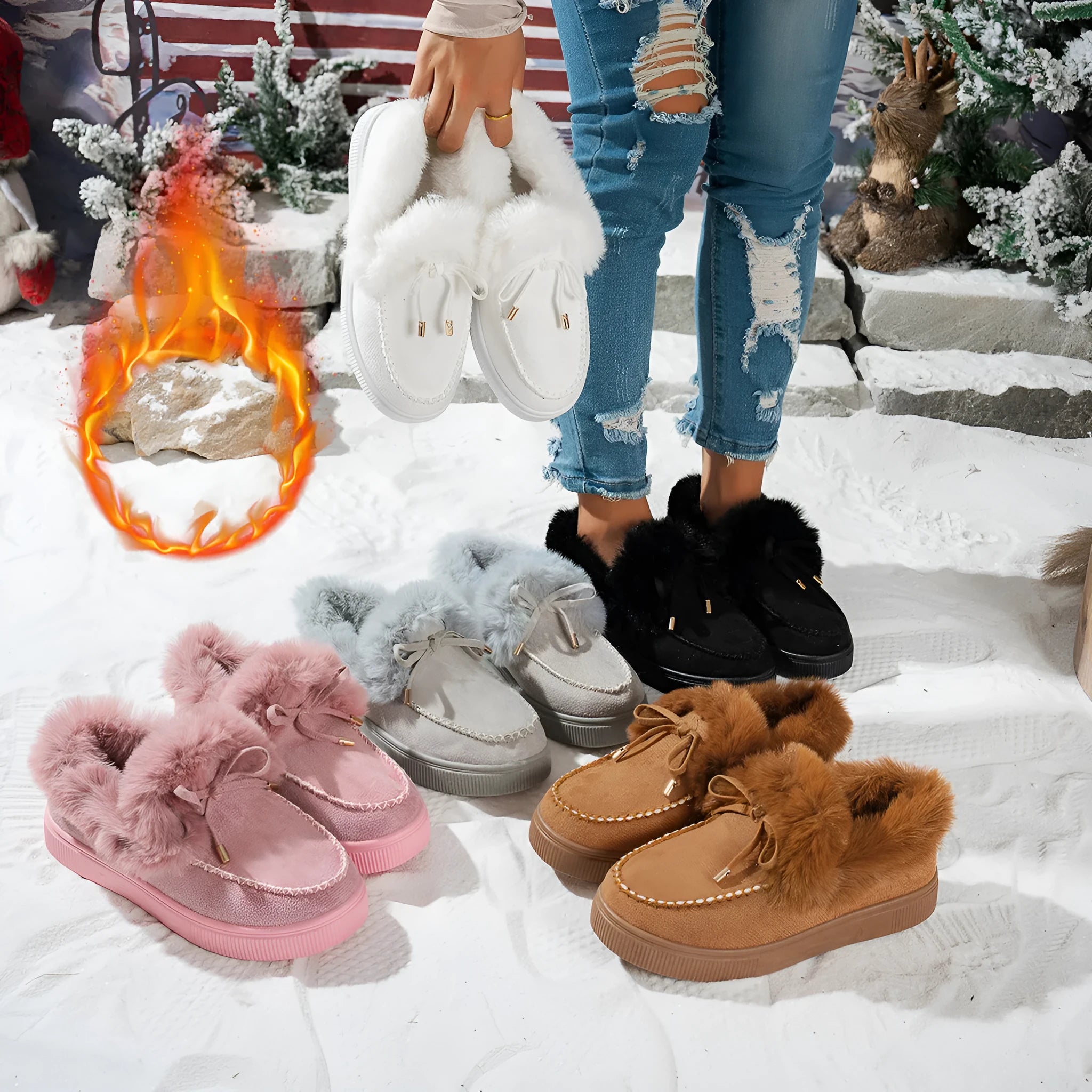 Plus size women's suede snow boots with thick platform sole and velvet padding, available in six colours including black and wine red