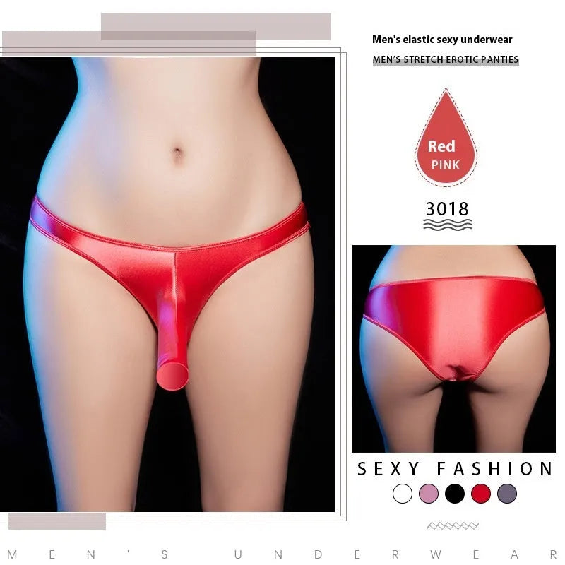 Men's low waist T-back underwear in shiny nylon fabric showing colour options