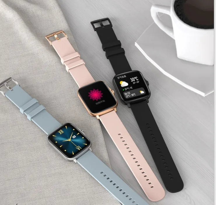 Black smart watch with 1.7-inch colour touchscreen on an adjustable strap.