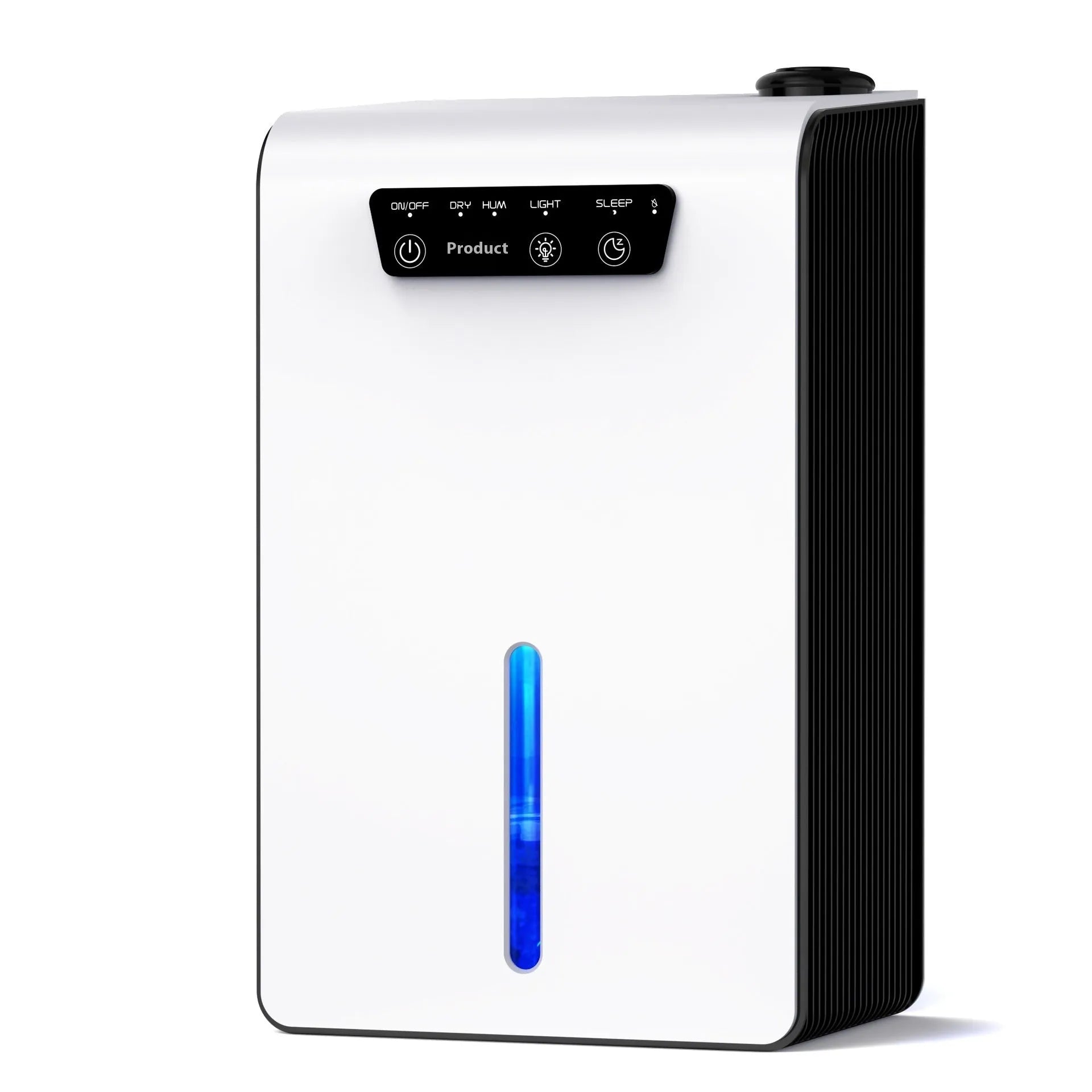 Small milky white portable household dehumidifier for bedrooms and laundry areas.