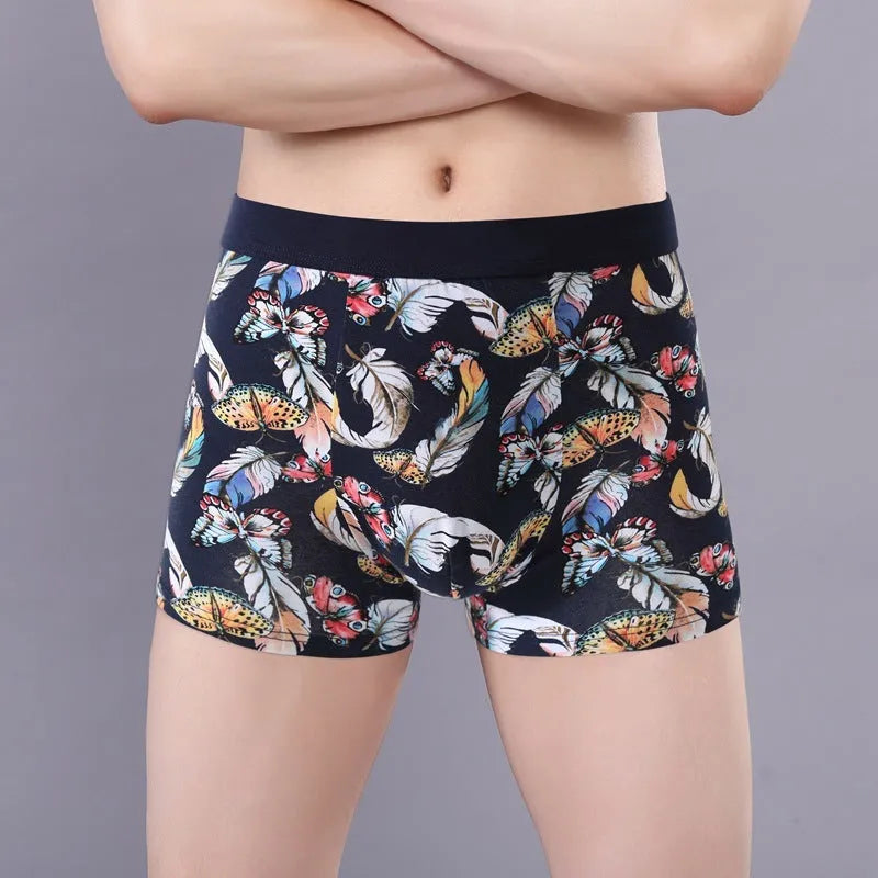 Men's breathable cotton boxer briefs with floral pattern and U-shaped design, shown in size 3XL to 10XL.