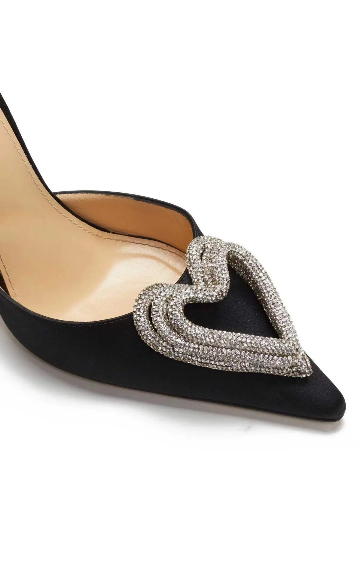 Women's pink satin sandals with pointed toe, heart-shaped rhinestones, and cross-belt ankle straps on a rubber sole.