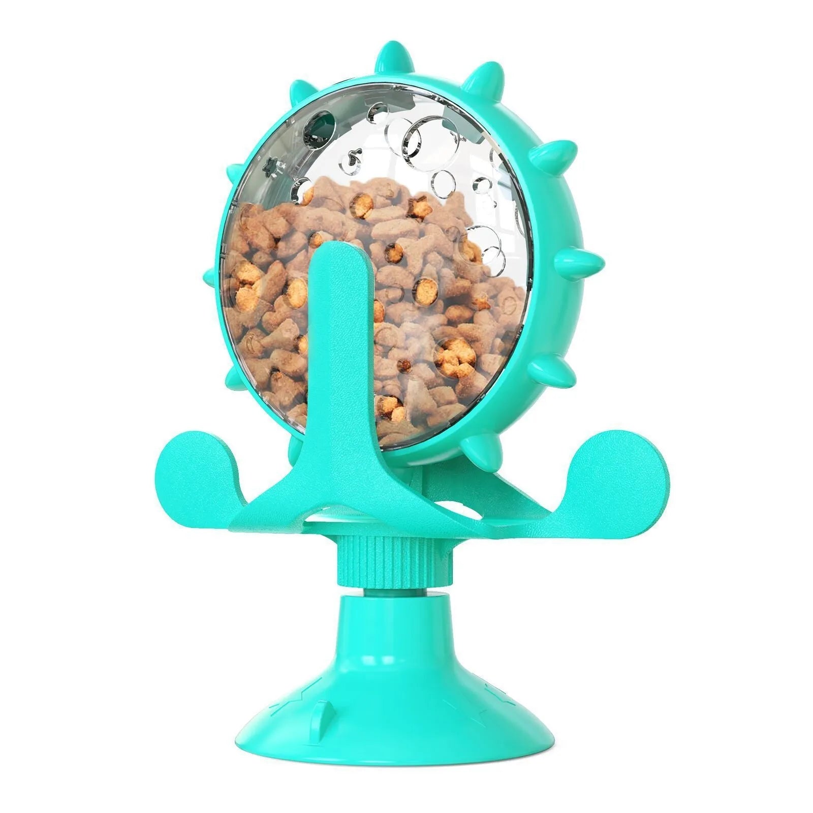 Interactive pet puzzle feeder with colourful spinner and suction cup base for cats and small dogs