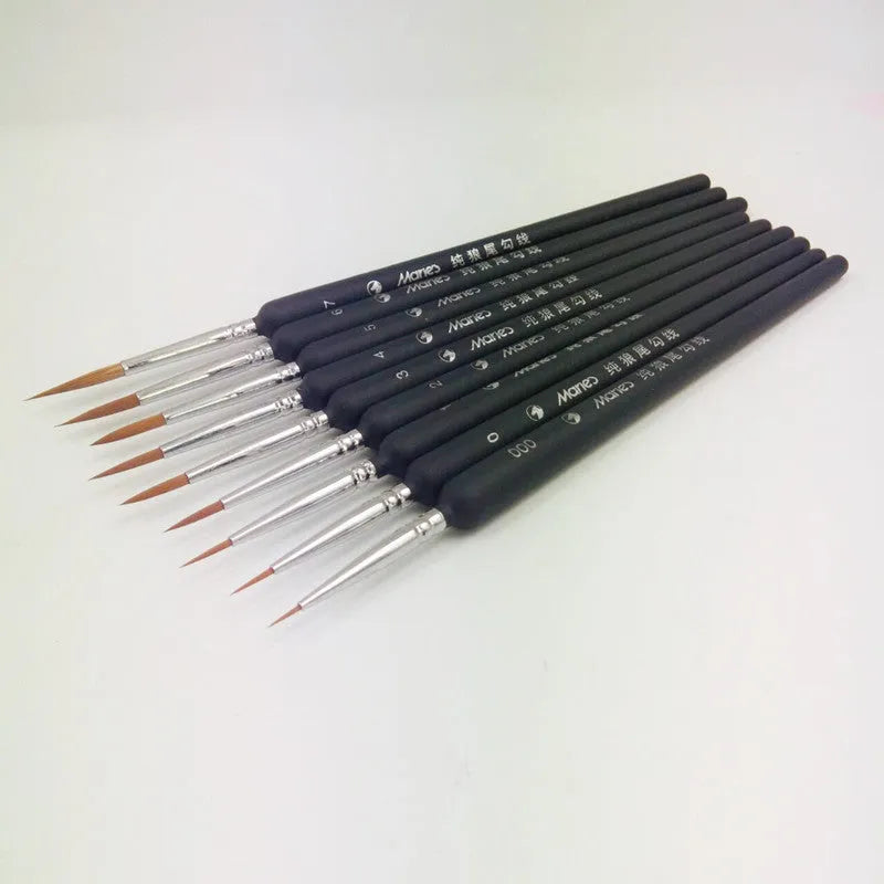 Set of ten black wolf hair hook liner brushes with wooden handles and steel ferrules arranged by size