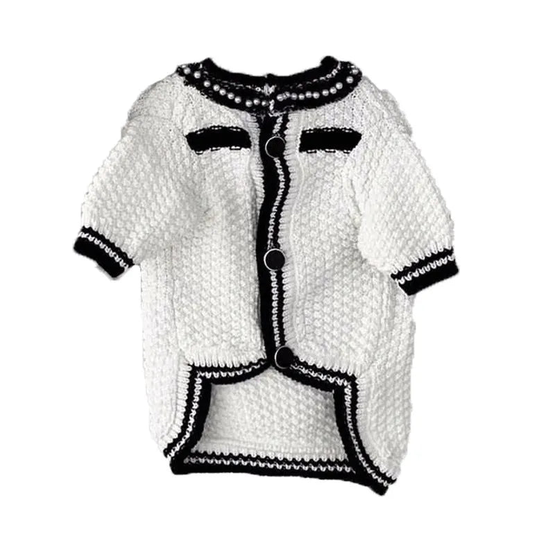 Korean princess style white dog sweater with pearl collar on small dog