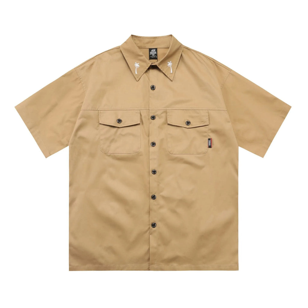 Men's plus size loose fit cotton blend work shirt with half sleeves and embroidered design
