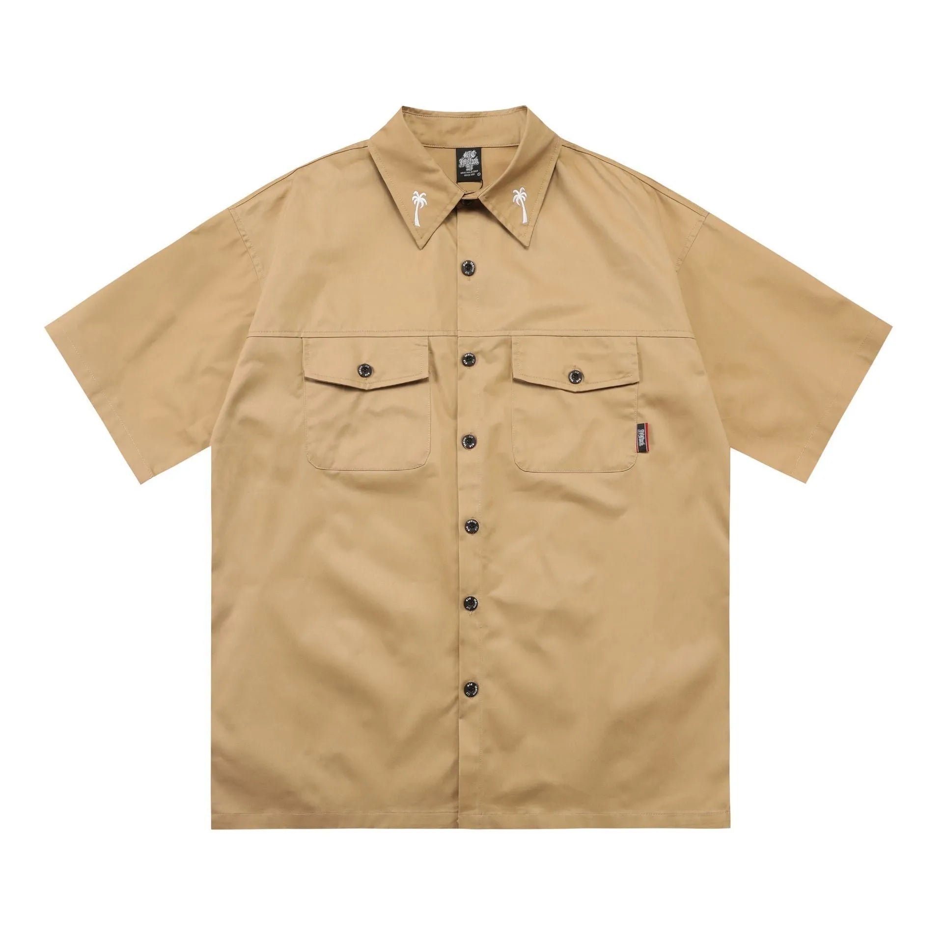 Men's plus size loose fit cotton blend work shirt with half sleeves and embroidered design
