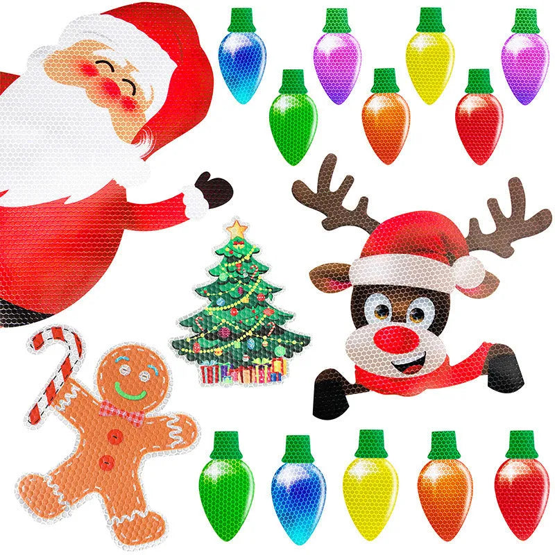 Christmas decorative set with reflective bulb and wire shapes on a magnetic backing for car and fridge decoration.