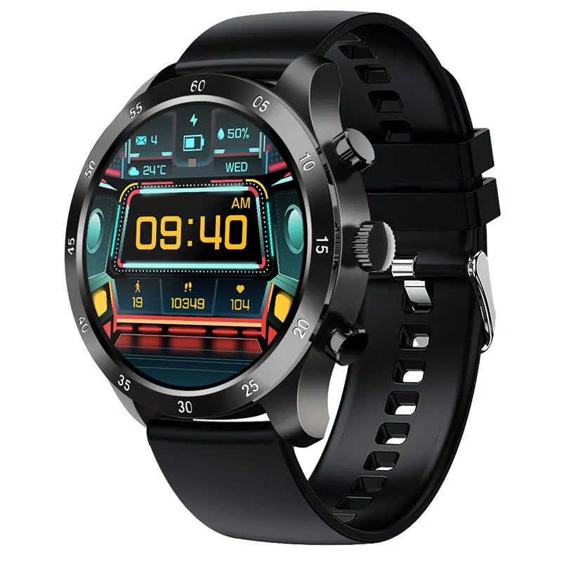 Smart watch with Bluetooth calling display showing music playback and health metrics