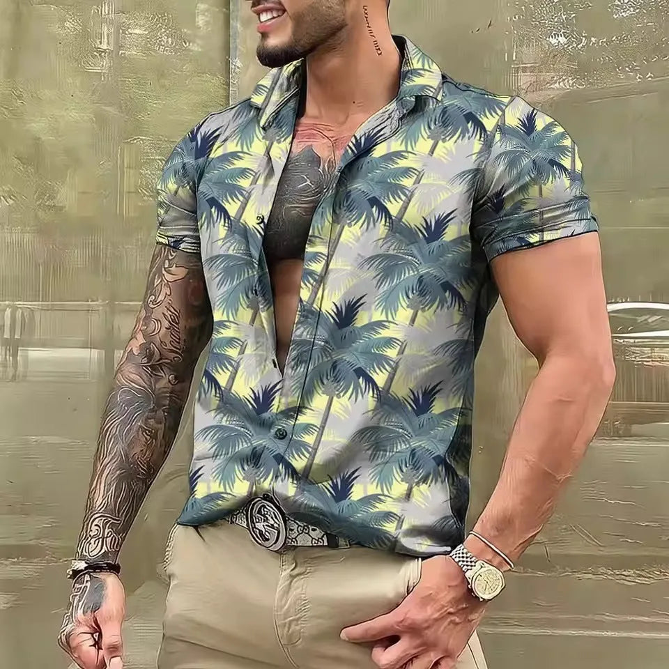 Men's loose floral beach shirt with short sleeves in polyester fabric