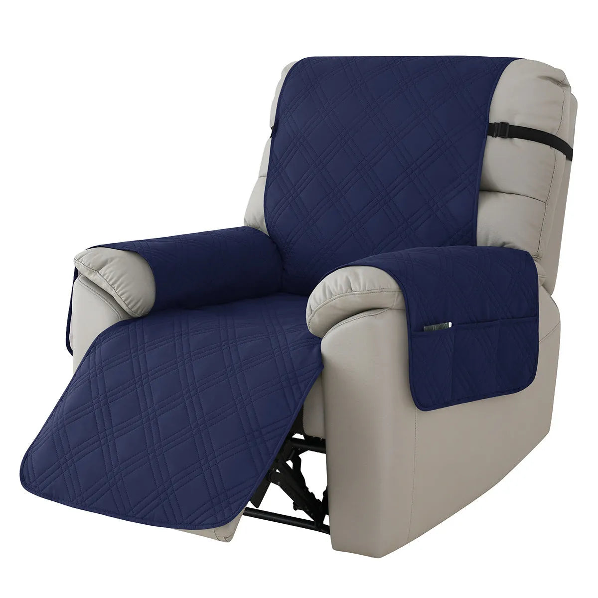 Quilted three-line sofa cover for a Chivas massage chair in peacock blue, showing stretch fit and textured pattern.