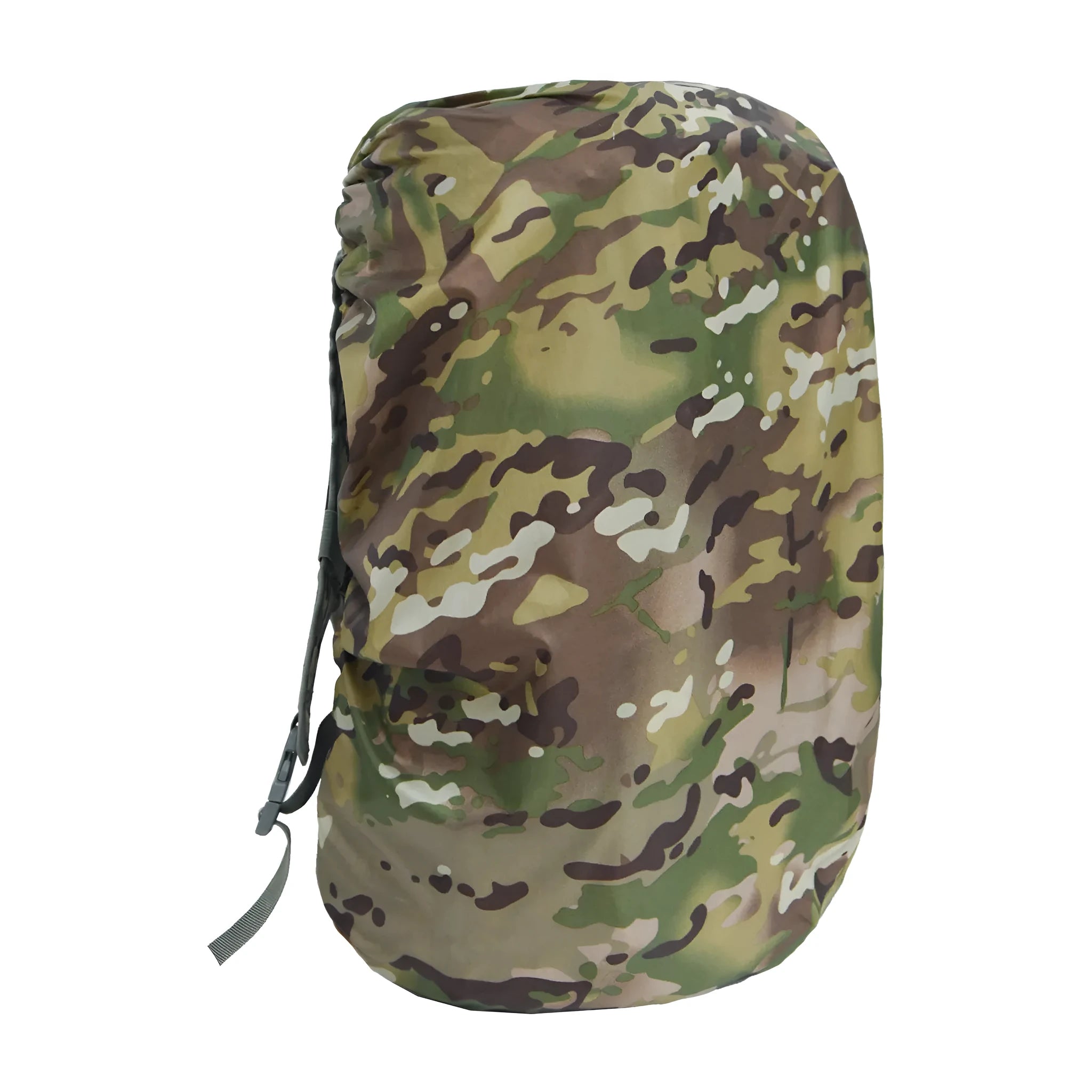 Army green backpack rain cover with elastic edges shown alongside 80 litre backpack for scale