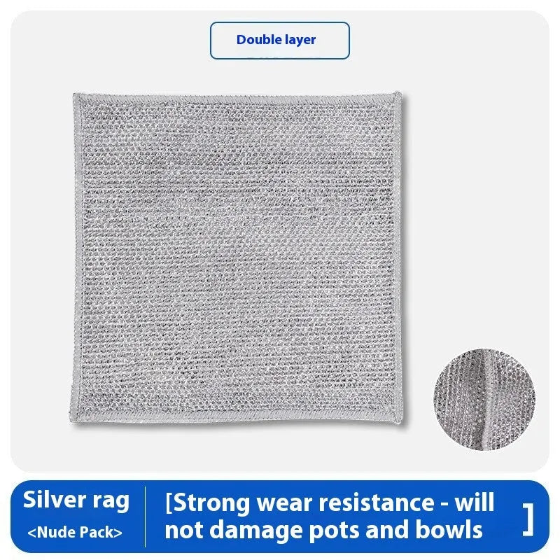 Silver steel wire and microfiber double-sided cleaning rag for scrubbing pots and wiping bowls.