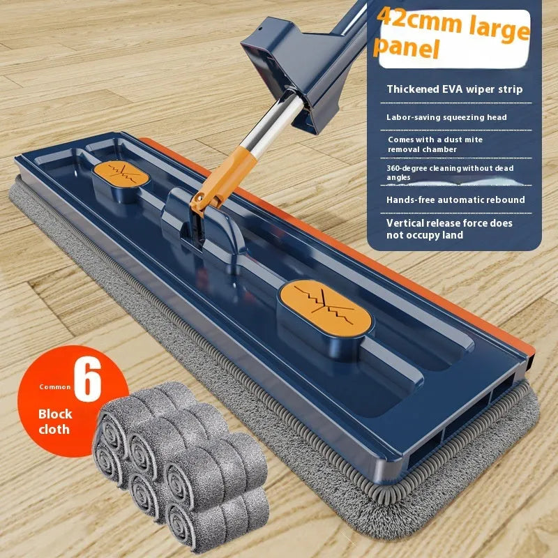 Large flat mop with stainless steel handle and rotating head for floor cleaning