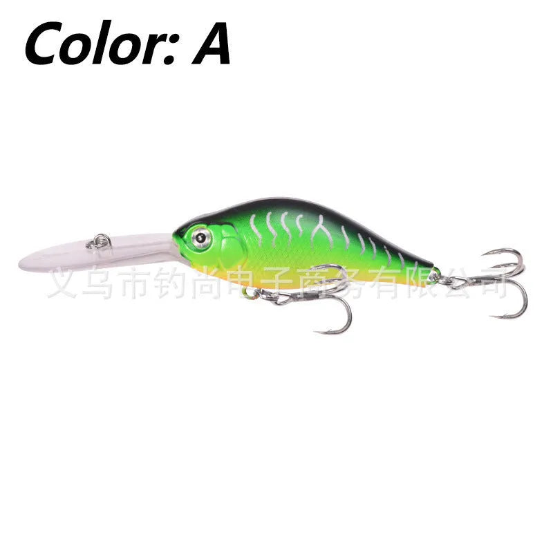 Mino fishing lure with deep diving long tongue board, 10.5cm length, 15g weight, five colour options