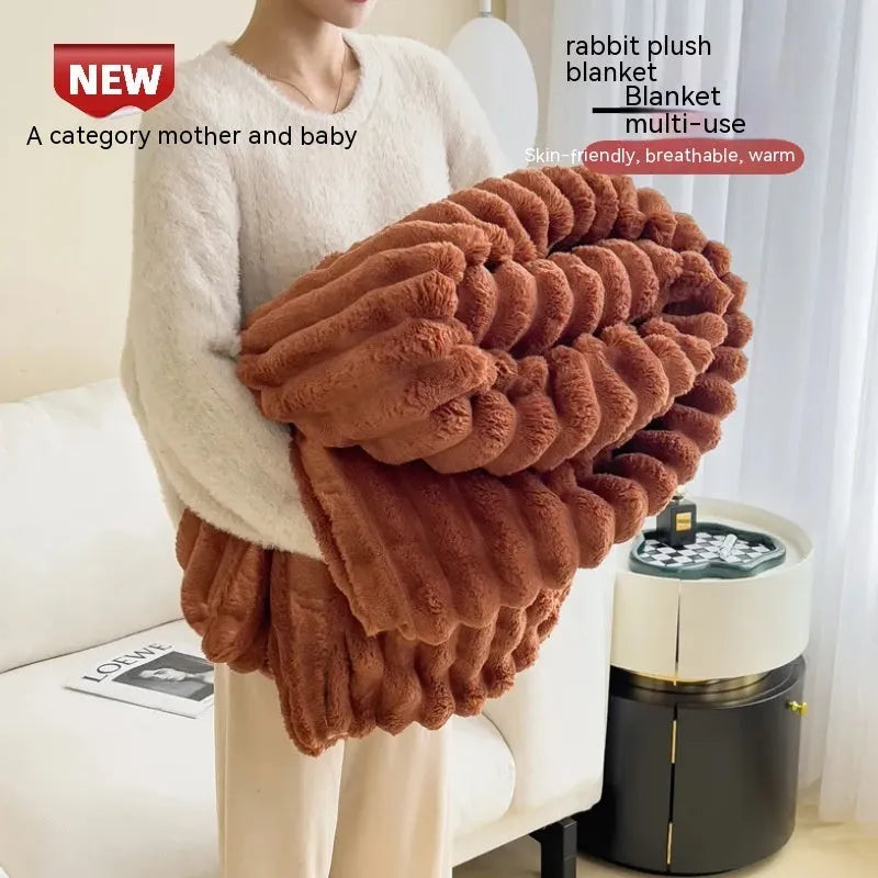 Solid colour bubble faux rabbit fur double-sided thickening blanket shown in a khaki colour