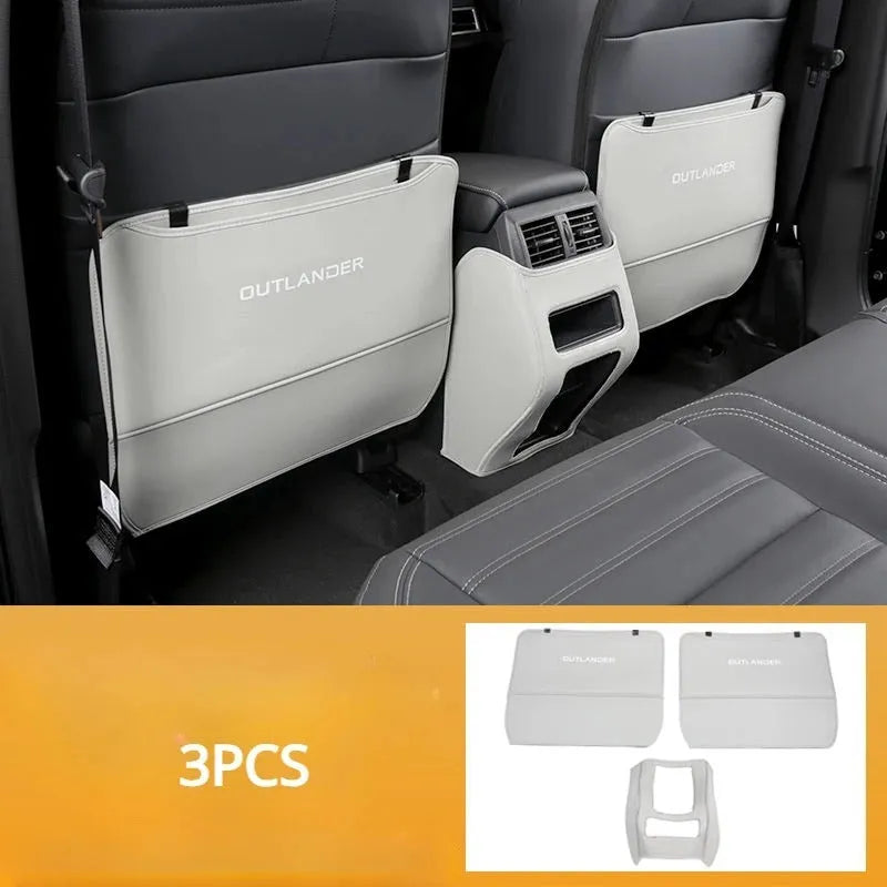 Three black leather anti-kick protection pads for Mitsubishi Outlander seat armrests and centre console