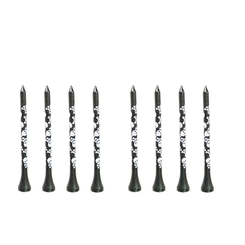 Black bamboo golf tees with skull print design showing 70mm and 83mm lengths