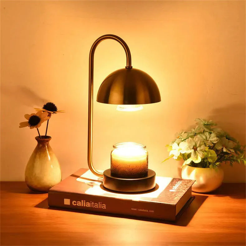 Solid wood aromatherapy wax melting lamp with dimmer knob on bedside table