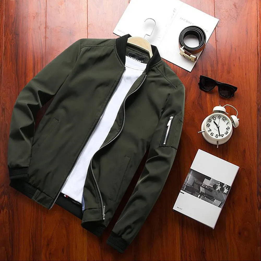 Men's slim-fit casual baseball jacket with zippered side pockets in solid colour options