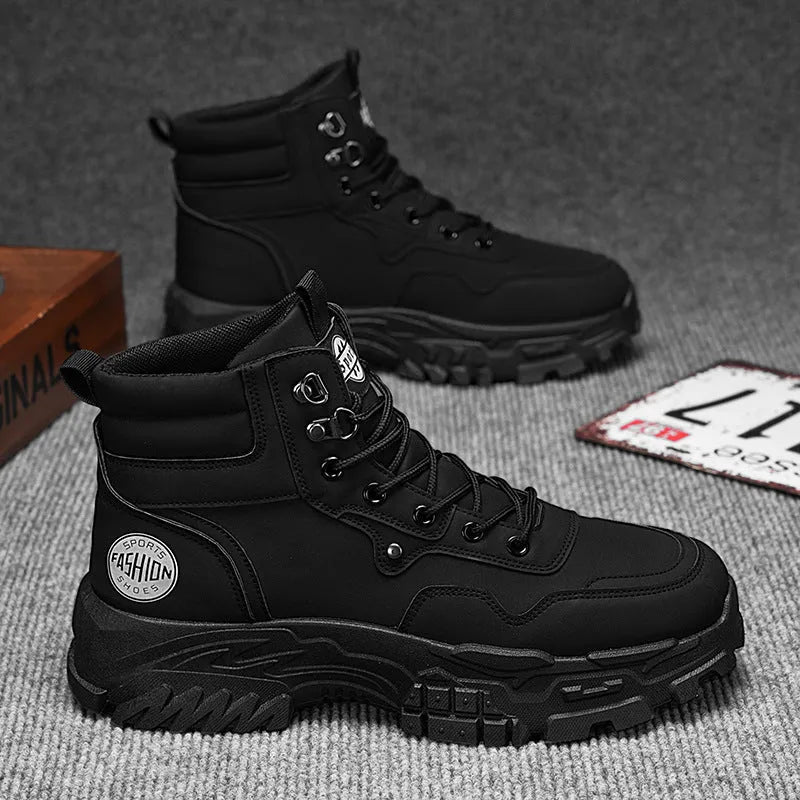 Men's Martin boots in black and yellow with artificial PU upper and mid-calf height