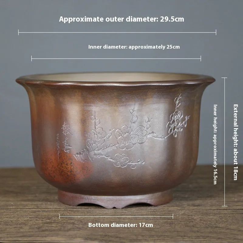 Purple sand ceramic flower pot with antique carved wood burning texture for indoor plants