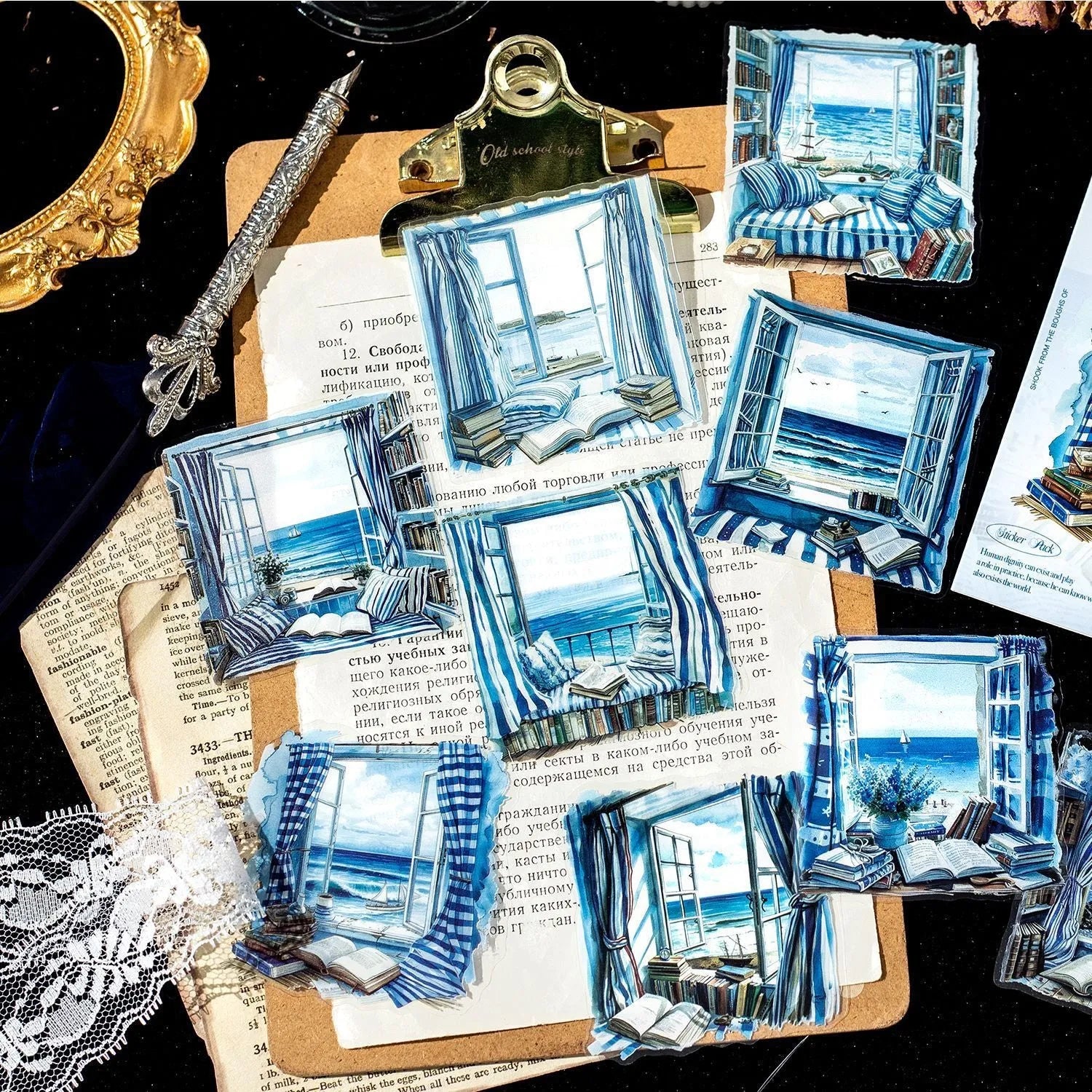 Set of six retro-themed window scene decorative stickers for journals, including seaside and garden designs.