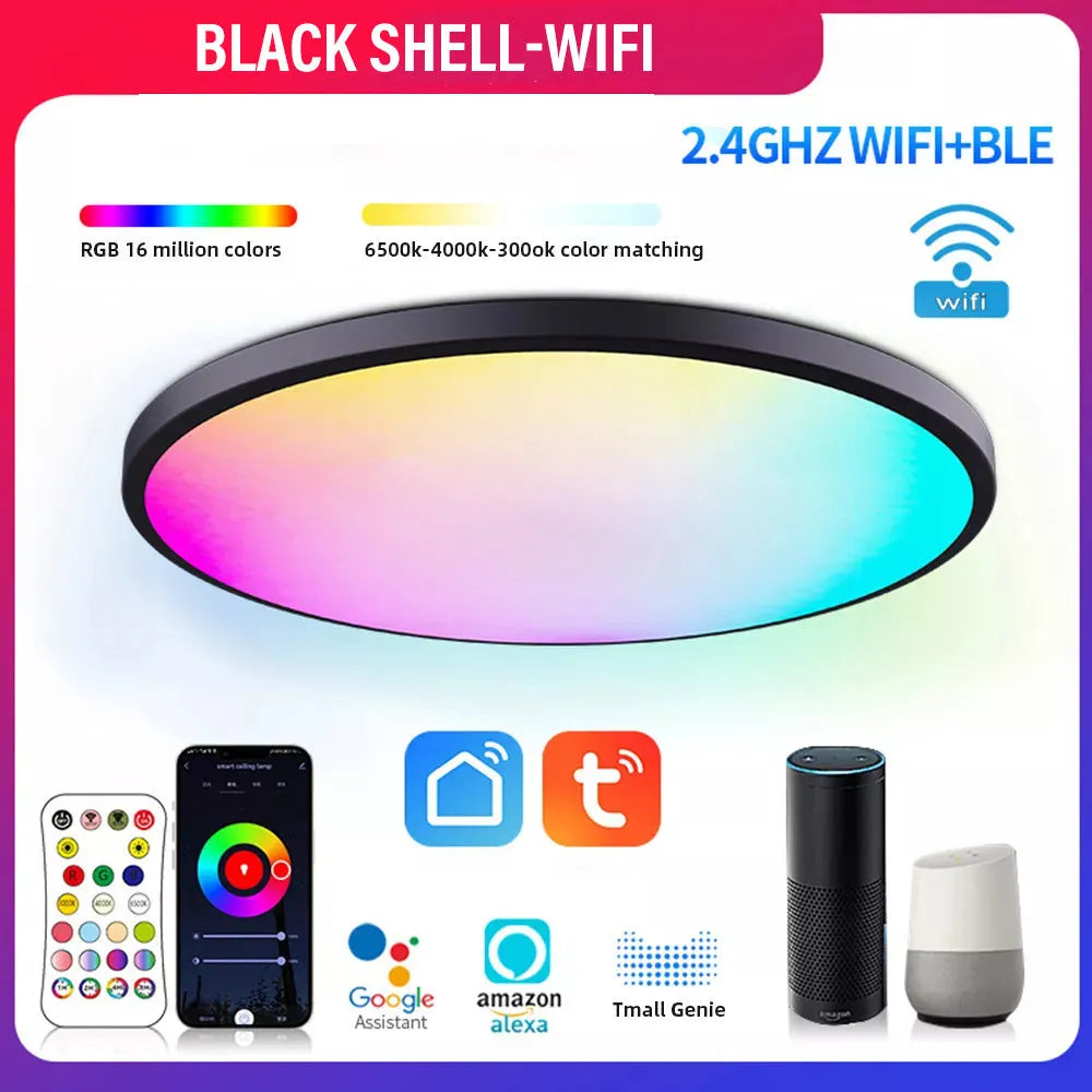 RGBCW Bluetooth ceiling lamp with 300mm diameter in black or white finish showing app control interface
