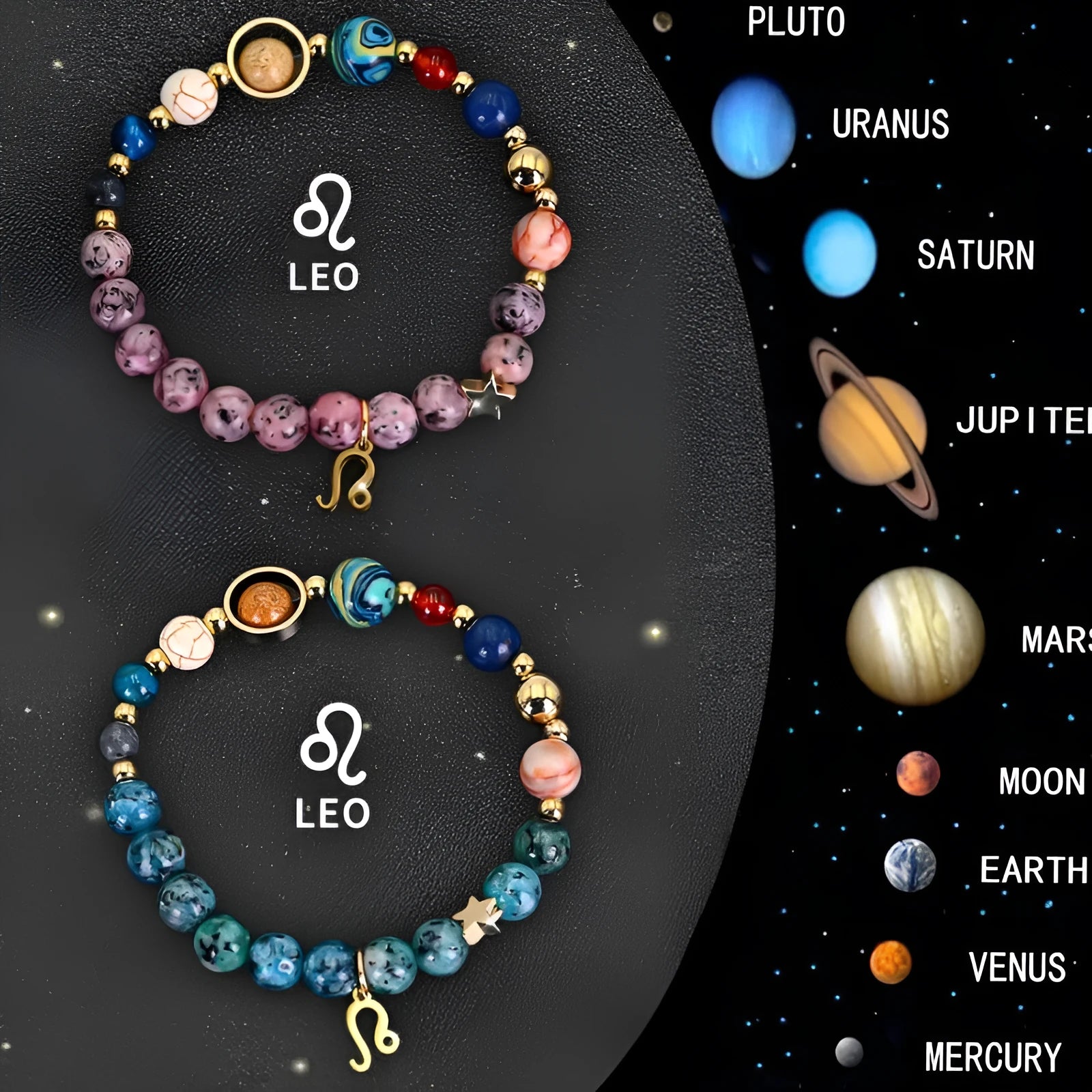 Two natural stone beaded zodiac bracelets laid side by side, showing different stone textures and colours.