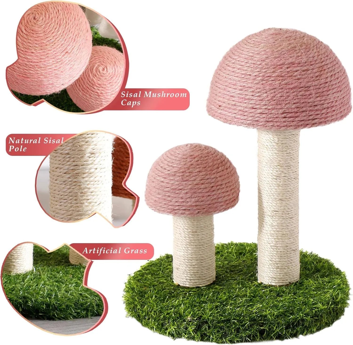 Pink mushroom-shaped cat scratching post with natural sisal caps for kittens and small cats