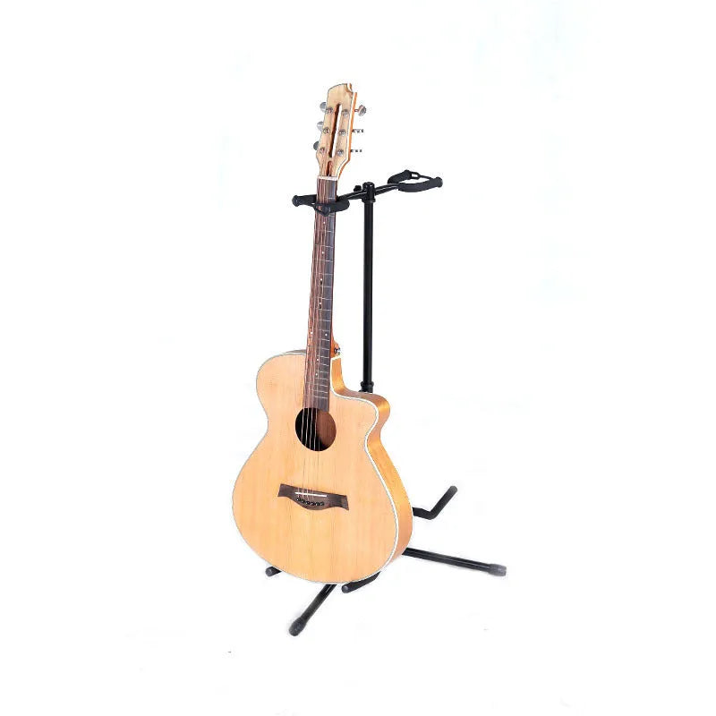 Black vertical double-headed adjustable guitar stand for acoustic and electric guitars.