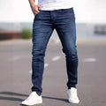 Men's dark blue slim fit jeans with elastic cotton fabric and zipper fly