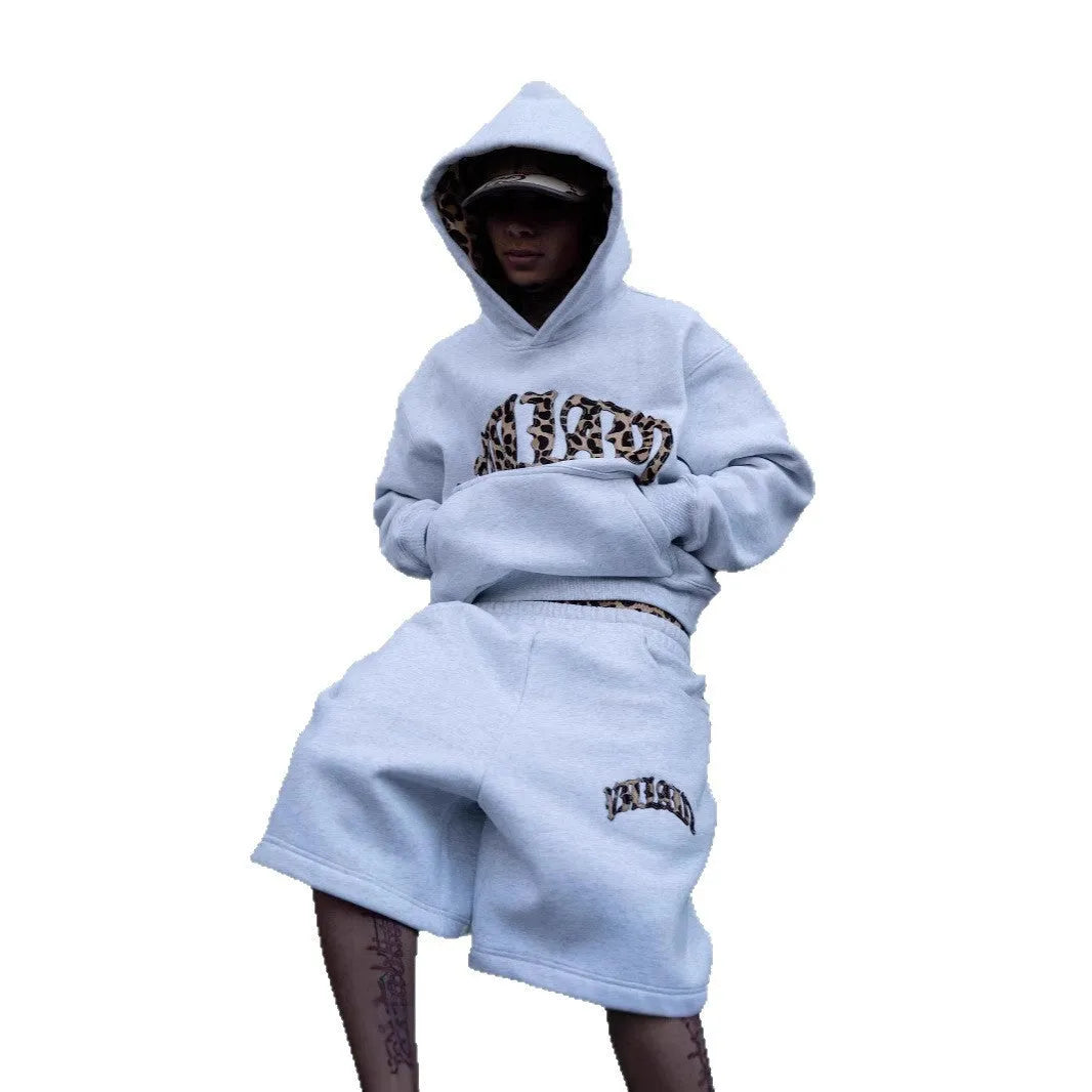 Leopard print letter embroidery street casual trousers hoodie set polyester three-piece suit black light gray