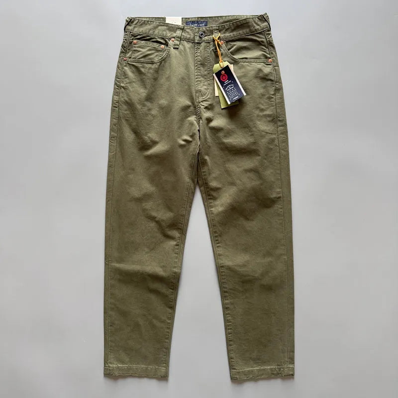 Men's straight-leg cotton trousers in army green shown flat, detailing the five-pocket design and mid-waist fit.
