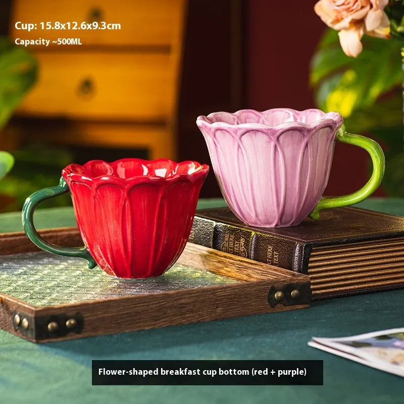 500ml floral patterned ceramic breakfast mug in red or purple.
