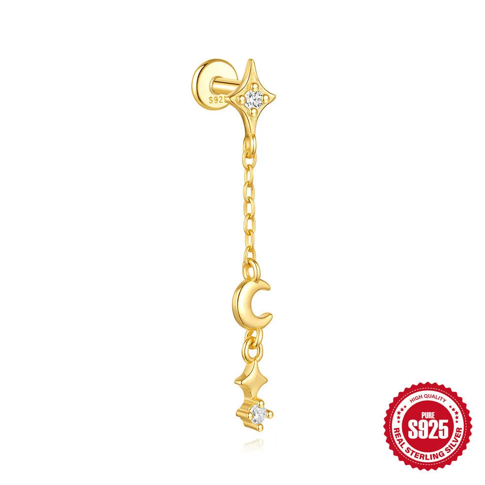 S925 sterling silver moon and star earrings with embedded diamond detailing in gold colour