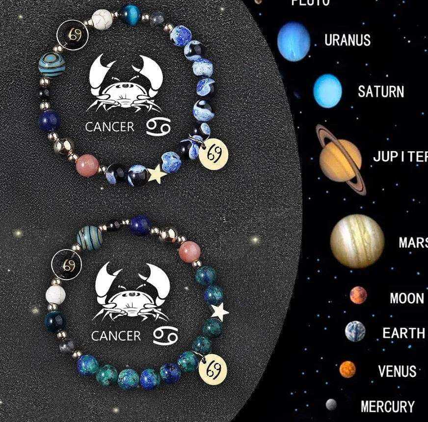 Twelve zodiac sign bracelets with natural stone beads on elastic string showing different astrological designs