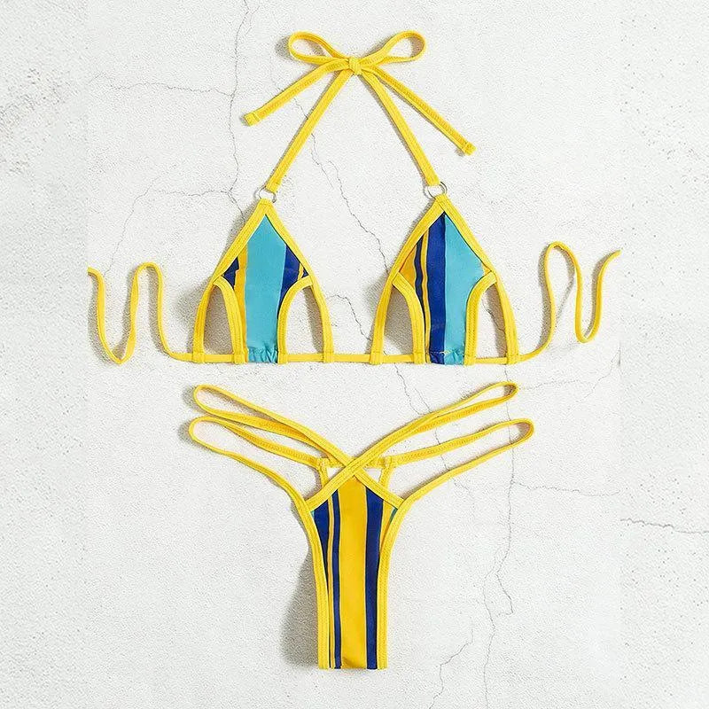 Yellow women's split swimsuit with neck-hanging top, hollow backless design, and high waist shorts