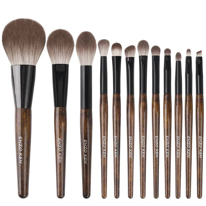 12-piece makeup brush set with wooden handles in PU travel case