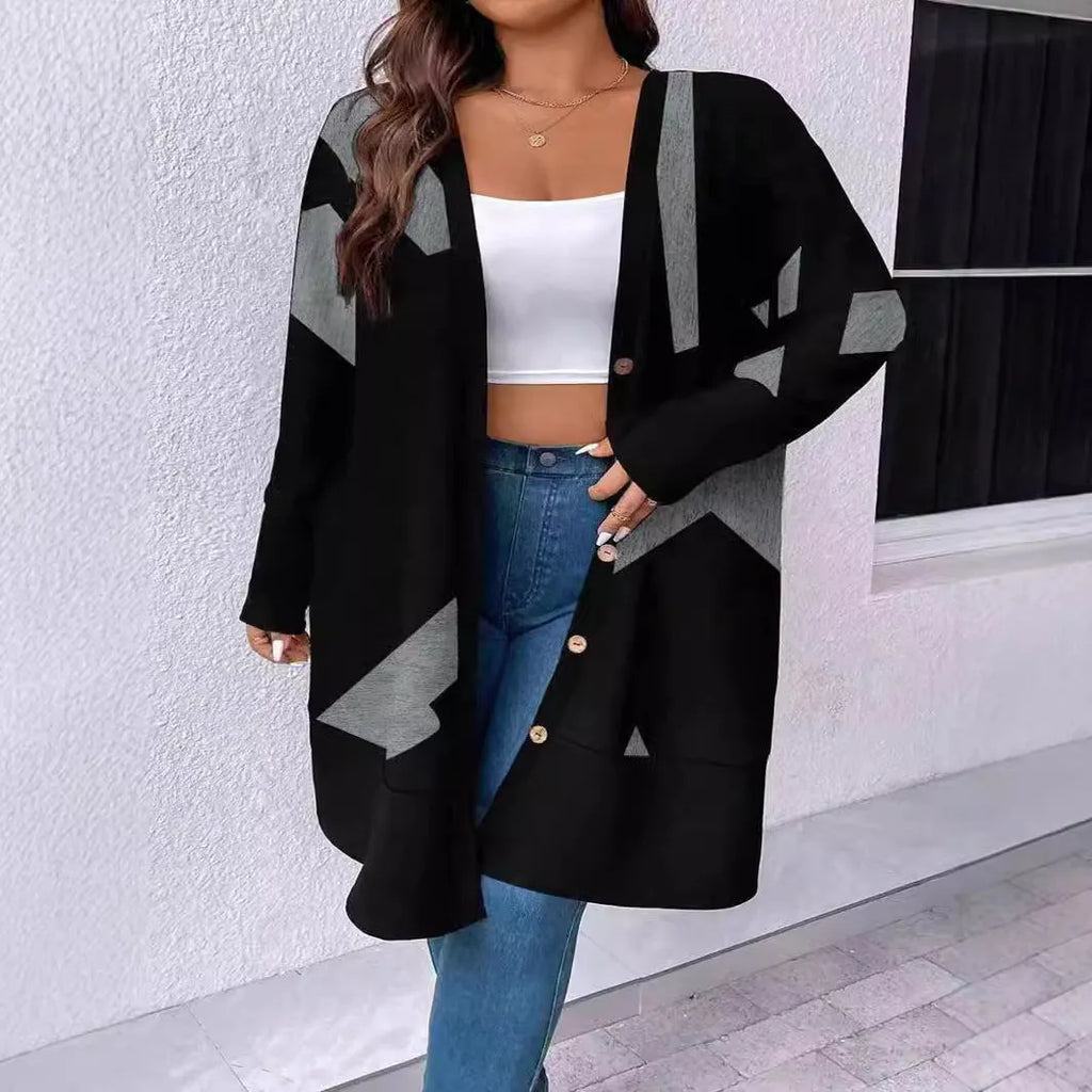 Black loose fit plus size knitwear cardigan with button fastening and regular sleeves