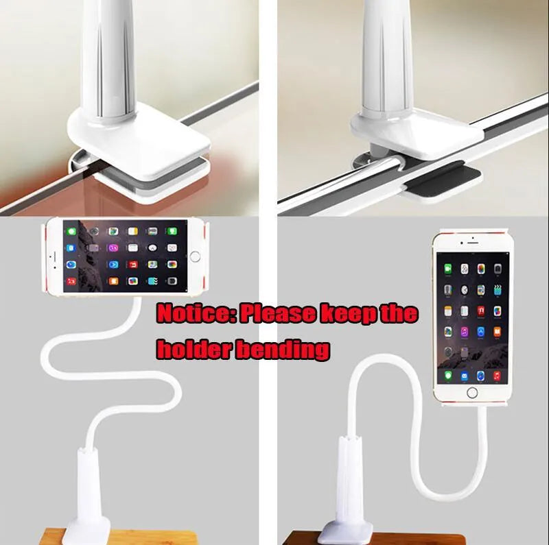 Black bedside oversize flat panel mobile phone holder with adjustable long arm on table
