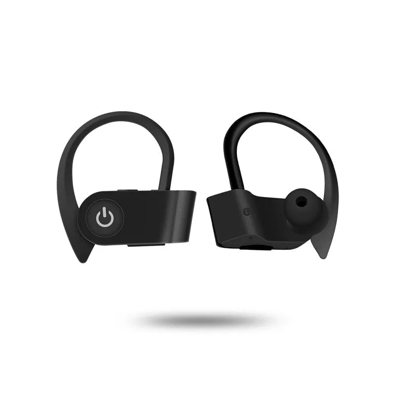 Black wireless Bluetooth earphones with ergonomic in-ear design, showing built-in buttons and microphone.
