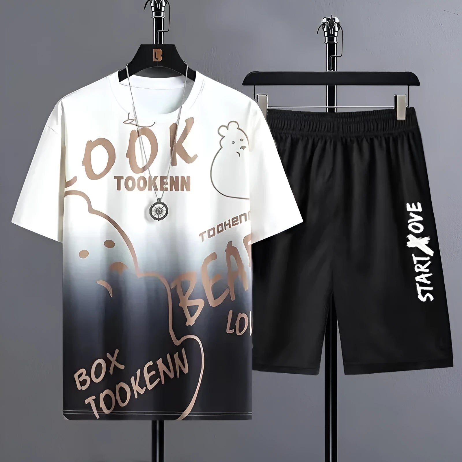 Men's light blue short sleeve t-shirt and matching shorts set for summer casual wear.