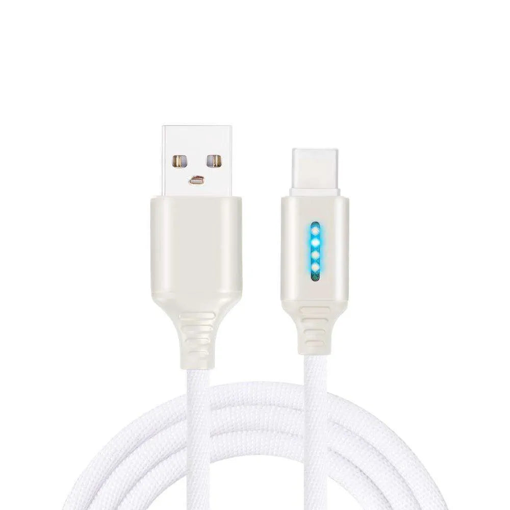 Fabric braided USB fast charging cable in black, shown with Android and Type-C connectors.