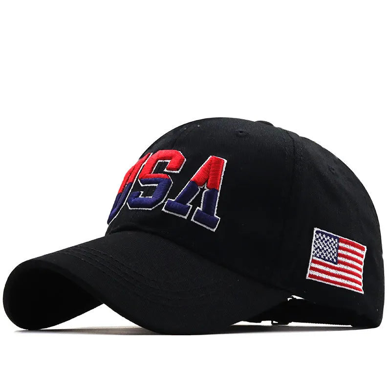 Cotton baseball cap with USA embroidery, adjustable fit, available in navy blue