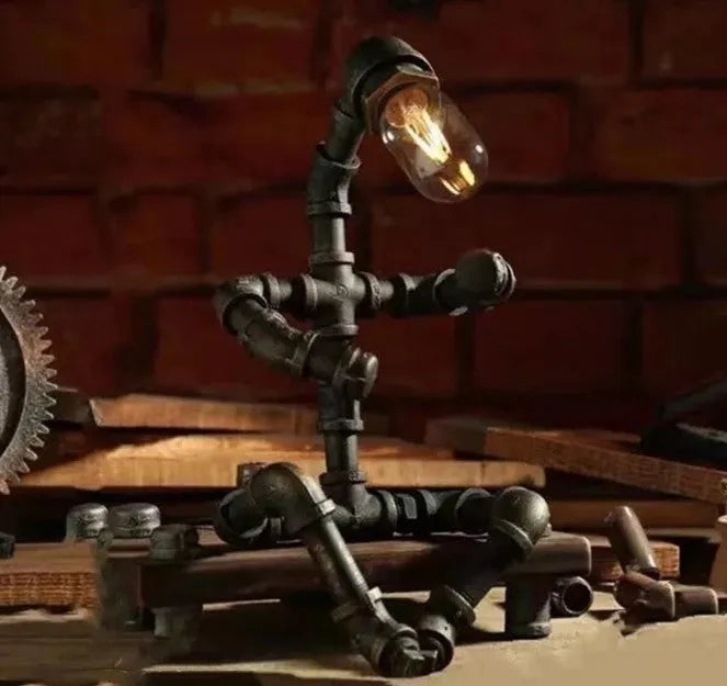 Robot Table Lamp vintage industrial desk light with iron pipe design green bronze finish