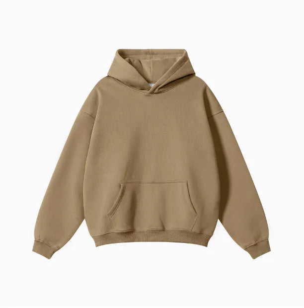 Men's loose fit terry cotton hooded sweater in multiple colours on a size chart background.